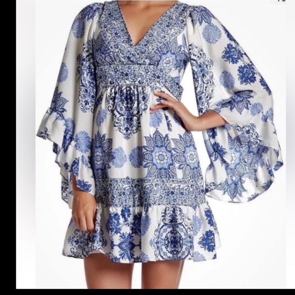 Betsey Johnson Festival Girl Printed Ivory Blue Boho Ruffled Floral Dress